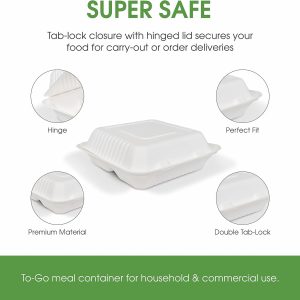 9x9x3" Single Compartment Bagasse Clamshell Take Out Food Containers, Biodegradable & Compostable Containers With Hinged Lids, Eco-Friendly Made From Sugarcane Fibers - Image 3