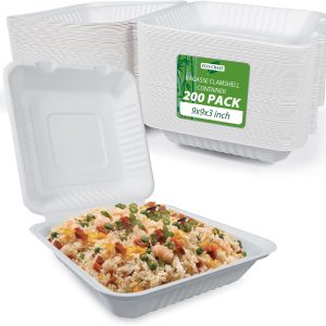 9x9x3" 3 Compartment Bagasse Clamshell Take Out Food Containers, Biodegradable & Compostable Containers With Hinged Lid, Eco-Friendly Made From Sugarcane Fibers - Image 1