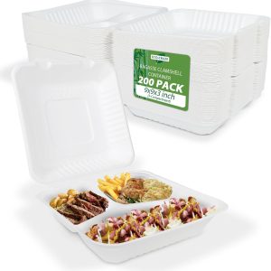 9x9x3" Single Compartment Bagasse Clamshell Take Out Food Containers, Biodegradable & Compostable Containers With Hinged Lids, Eco-Friendly Made From Sugarcane Fibers - Image 1