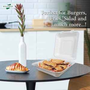 9x9x3" 3 Compartment Bagasse Clamshell Take Out Food Containers, Biodegradable & Compostable Containers With Hinged Lid, Eco-Friendly Made From Sugarcane Fibers - Image 2