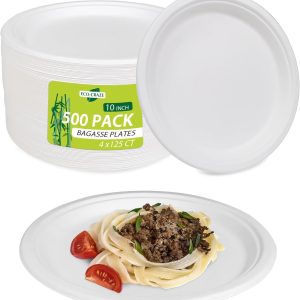 10" Bagasse Round Disposable Plates, Sugarcane Fiber Compostable Bulk Paper Plates for Party, Biodegradable Dinner Paper Plate Disposable for Snacks, Lunch, Dinner, BBQ - Image 1