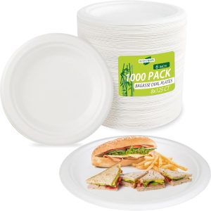 6" Bagasse Round Disposable Plates, Sugarcane Fiber Compostable Bulk Paper Plates for Party, Biodegradable Dinner Paper Plate Disposable for Snacks, Lunch, Dinner, BBQ - Image 1