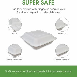 9x9x3" Single Compartment Bagasse Clamshell Take Out Food Containers, Biodegradable & Compostable Containers With Hinged Lids, Eco-Friendly Made From Sugarcane Fibers - Image 7