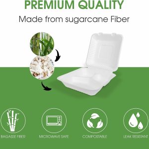 9x9x3" Single Compartment Bagasse Clamshell Take Out Food Containers, Biodegradable & Compostable Containers With Hinged Lids, Eco-Friendly Made From Sugarcane Fibers - Image 4
