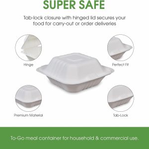 6x6x3" Single Compartment Bagasse Clamshell Take Out Food Containers, Biodegradable & Compostable Containers With Hinged Lids, Eco-Friendly Made From Sugarcane Fibers - Image 4