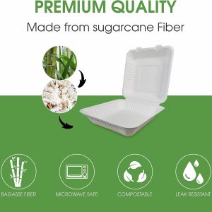 9x9x3" 3 Compartment Bagasse Clamshell Take Out Food Containers, Biodegradable & Compostable Containers With Hinged Lid, Eco-Friendly Made From Sugarcane Fibers - Image 5