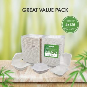 6x6x3" Single Compartment Bagasse Clamshell Take Out Food Containers, Biodegradable & Compostable Containers With Hinged Lids, Eco-Friendly Made From Sugarcane Fibers - Image 5