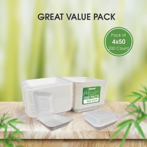 9x9x3" 3 Compartment Bagasse Clamshell Take Out Food Containers, Biodegradable & Compostable Containers With Hinged Lid, Eco-Friendly Made From Sugarcane Fibers - Image 3
