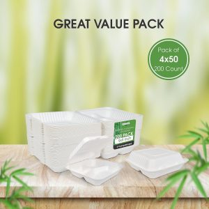 9x9x3" Single Compartment Bagasse Clamshell Take Out Food Containers, Biodegradable & Compostable Containers With Hinged Lids, Eco-Friendly Made From Sugarcane Fibers - Image 5