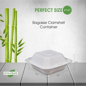 6x6x3" Single Compartment Bagasse Clamshell Take Out Food Containers, Biodegradable & Compostable Containers With Hinged Lids, Eco-Friendly Made From Sugarcane Fibers - Image 3