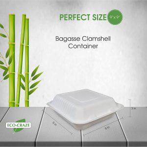 9x9x3" 3 Compartment Bagasse Clamshell Take Out Food Containers, Biodegradable & Compostable Containers With Hinged Lid, Eco-Friendly Made From Sugarcane Fibers - Image 4