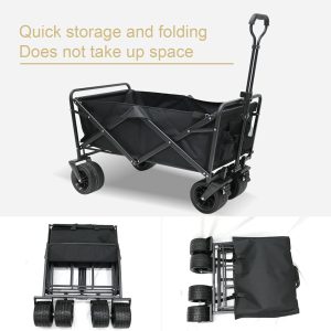 Collapsible Wagon Cart, Folding Wagon, Heavy Duty Utility Wagon, Portable Garden Beach Cart with Wheels, for Beach, Shopping, Groceries, etc,Black and Brown - Image 7