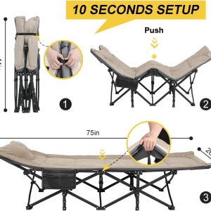 Camping Cot for Adults with Cushion and Pillow, Portable Folding Bed for Sleeping, Lightweight Tent cot with Carry Bag Supports 450 lbs (Khaki) - Image 2