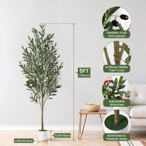 Artificial Olive Tree  5ft Faux Olive Trees with White Planter, Fake Olive Plant with Realistic Branches and Fruits Tall Fake Plants for Indoor Modern Home Office Living Room Decor Housewarming - Image 4