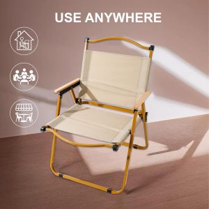 Portable Camping Chair with Wooden Handle, Widen Foldable Outdoor Chair, Collapsible Beach Chair of Ergonomic Design, Suitable for Sand Camping Travel Picnic Lawn Concert - 62 cm - Beige - Image 6