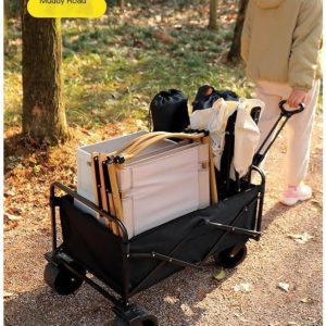 Collapsible Wagon Cart, Folding Wagon, Heavy Duty Utility Wagon, Portable Garden Beach Cart with Wheels, for Beach, Shopping, Groceries, etc,Black and Brown - Image 11