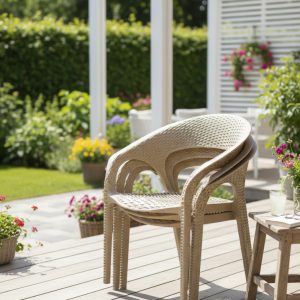 Contemporary Side Chair Black Plastic Patio Dining Chair for Outdoor- Beige - Image 5