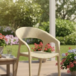 Contemporary Side Chair Black Plastic Patio Dining Chair for Outdoor- Beige - Image 6