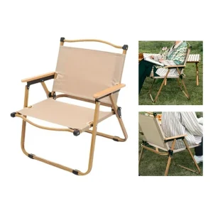 Portable Camping Chair with Wooden Handle, Widen Foldable Outdoor Chair, Collapsible Beach Chair of Ergonomic Design, Suitable for Sand Camping Travel Picnic Lawn Concert - 62 cm - Beige - Image 8