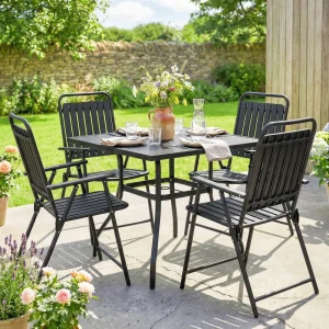 Folding Garden Chairs, Garden Dining Chairs with Plastic Slatted Seat Back, Armrests, Steel Frame, Set of 4, Black - Image 1