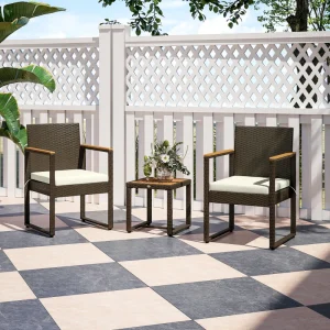 3 Pieces Wicker Patio Furniture Set, Rattan Bistro Set w/ Acacia Wood Table & Removable Cushions, White - Image 1
