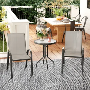 3 Pieces Bistro Set, Small Patio Furniture Set with Stackable Mesh Chairs, Glass Table for Garden, Balcony, Light Grey - Image 1