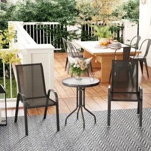 3 Pieces Bistro Set, Small Patio Furniture Set with Stackable Mesh Chairs, Glass Table for Garden, Balcony, Black - Image 1