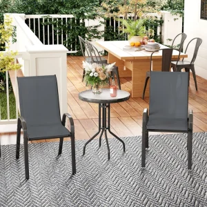 3 Pieces Bistro Set, Small Patio Furniture Set with Stackable Mesh Chairs, Glass Table for Garden, Balcony, Dark Grey - Image 1