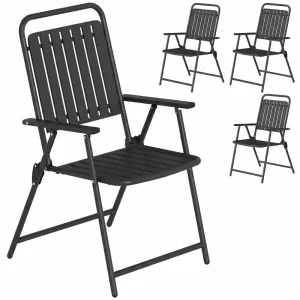Folding Garden Chairs, Garden Dining Chairs with Plastic Slatted Seat Back, Armrests, Steel Frame, Set of 4, Black - Image 10