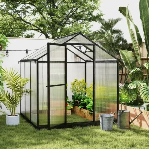 Outsunny 6' x 8' x 6.4' Polycarbonate Greenhouse, Aluminum Walk-In Green House Kit Garden, Plants Grow with Rain Gutter and Roof Vent, Charcoal Grey - Image 10