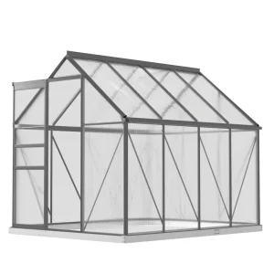 Outsunny 6' x 8' x 6.5' Polycarbonate Greenhouse, Walk-in Green House with Adjustable Roof Vent Galvanized Base Sliding Door Rain Gutter for Outdoor Garden Backyard, Charcoal Grey - Image 11