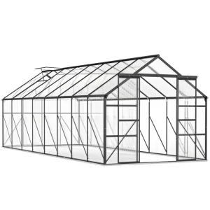 Outsunny Aluminum Greenhouse Polycarbonate Walk-in Garden Greenhouse Kit with Rain Gutter and Sliding Door, 16' x 8', Dark Grey - Image 11