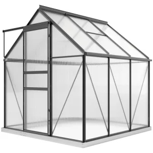 Outsunny 6' x 6' x 6.5' Polycarbonate Greenhouse, Walk-in Green House with Adjustable Roof Vent Galvanized Base Sliding Door Rain Gutter for Outdoor Garden Backyard, Grey - Image 11