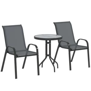 3 Pieces Bistro Set, Small Patio Furniture Set with Stackable Mesh Chairs, Glass Table for Garden, Balcony, Dark Grey - Image 10