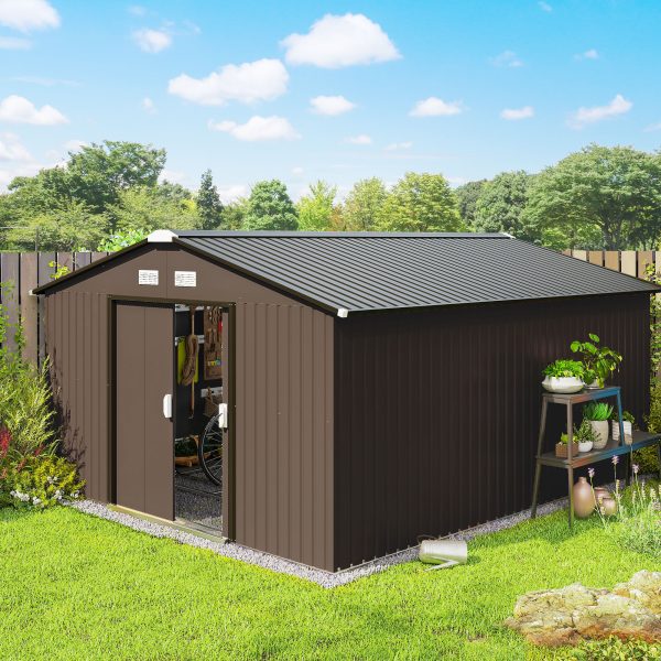 11' x 13' Garden Storage Shed Metal Tool Storage House, with Double Sliding Doors, Foundation Kits Included, Brown - Image 1