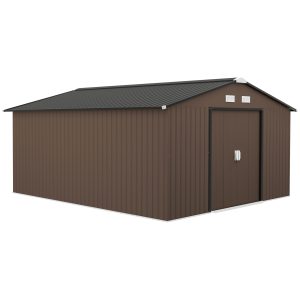 11' x 13' Garden Storage Shed Metal Tool Storage House, with Double Sliding Doors, Foundation Kits Included, Brown - Image 11