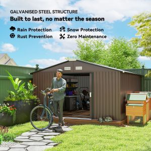 11' x 13' Garden Storage Shed Metal Tool Storage House, with Double Sliding Doors, Foundation Kits Included, Brown - Image 4