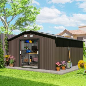 11' x 13' Garden Storage Shed Metal Tool Storage House, with Double Sliding Doors, Foundation Kits Included, Brown - Image 8