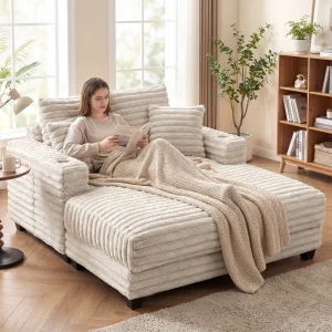 HOMCOM 60" Chaise Lounge Chair, Oversized Upholstered Sofa Bed with Cup Holders & Pillows, Sleeper Couch for Living Room, Beige - Image 1