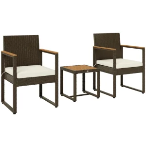 3 Pieces Wicker Patio Furniture Set, Rattan Bistro Set w/ Acacia Wood Table & Removable Cushions, White - Image 2