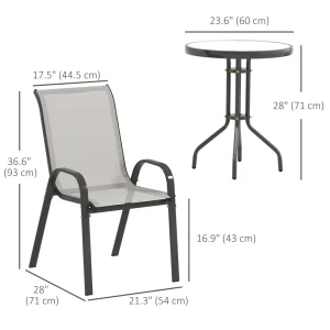 3 Pieces Bistro Set, Small Patio Furniture Set with Stackable Mesh Chairs, Glass Table for Garden, Balcony, Light Grey - Image 2