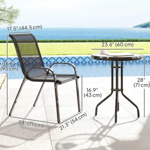 3 Pieces Bistro Set, Small Patio Furniture Set with Stackable Mesh Chairs, Glass Table for Garden, Balcony, Black - Image 2