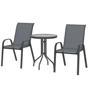 3 Pieces Bistro Set, Small Patio Furniture Set with Stackable Mesh Chairs, Glass Table for Garden, Balcony, Dark Grey - Image 2