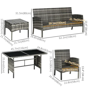 6 Piece Patio Furniture Set with Patio Chairs, Ottomans, Sofa, Glass Top Table and Cushions, Wicker Rattan Outdoor Furniture Set for Backyard, Porch, Grey - Image 2