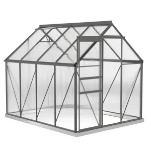 Outsunny 6' x 8' x 6.5' Polycarbonate Greenhouse, Walk-in Green House with Adjustable Roof Vent Galvanized Base Sliding Door Rain Gutter for Outdoor Garden Backyard, Charcoal Grey - Image 2