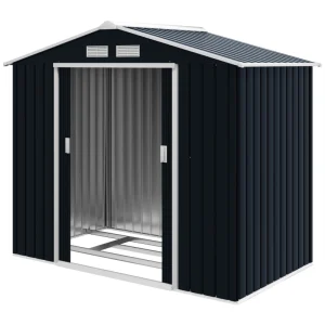 7' x 4' x 6' Garden Storage Shed Outdoor Patio Metal Tool Storage House w/ Foundation Kit and Double Doors Dark Grey - Image 2
