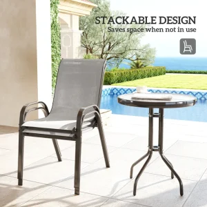 3 Pieces Bistro Set, Small Patio Furniture Set with Stackable Mesh Chairs, Glass Table for Garden, Balcony, Light Grey - Image 3