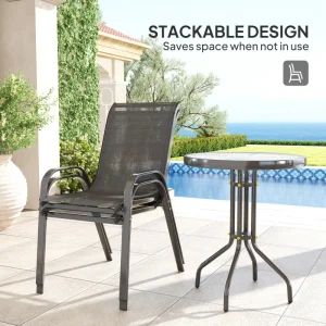 3 Pieces Bistro Set, Small Patio Furniture Set with Stackable Mesh Chairs, Glass Table for Garden, Balcony, Black - Image 3