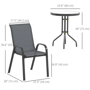 3 Pieces Bistro Set, Small Patio Furniture Set with Stackable Mesh Chairs, Glass Table for Garden, Balcony, Dark Grey - Image 3