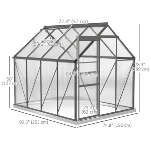 Outsunny 6' x 8' x 6.5' Polycarbonate Greenhouse, Walk-in Green House with Adjustable Roof Vent Galvanized Base Sliding Door Rain Gutter for Outdoor Garden Backyard, Charcoal Grey - Image 3